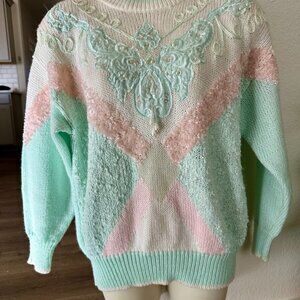Vintage Jaclyn Smith Pastel Beaded Sweater Mint Blush Pearl Appliqué M